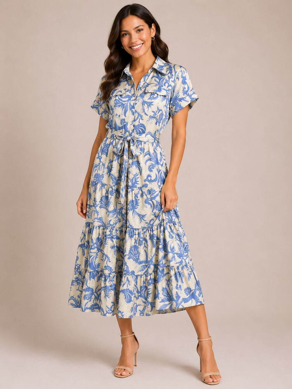 Alden Adair Womens Size L Blue Off White Floral Shirt Dress Belted Tiered Midi